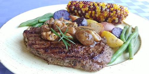 Bison steak, rainbow fingerlings, flint corn
