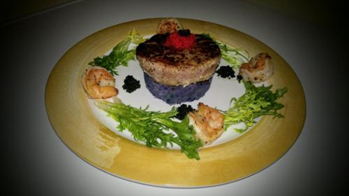 5 Spice tuna, caviar, jumbo shrimp, purple potato mash
